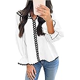 Cicy Bell Womens Ruffle Puff Sleeve Blouse V Neck Trim Shirts Trendy Casual Loose Fit Tops
