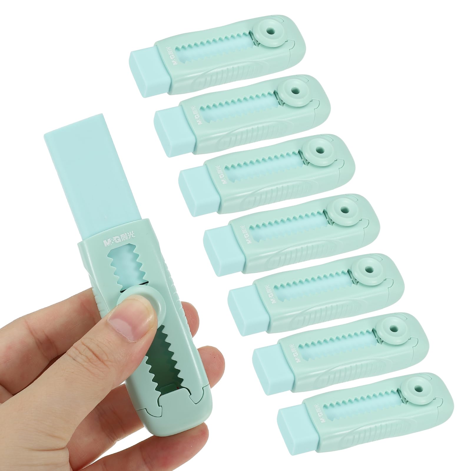 M&G 8 Pack Erasers, Green Sliding Retractable Eraser Push Pull Cute Pencil Erasers Soft Large Easy to Clean with Plastic Sleeve for Sketching Drawing Artists Teacher Pencils, Green