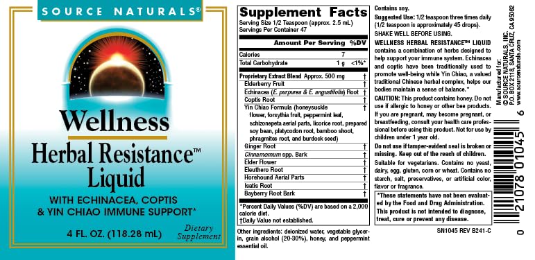 Source Naturals Wellness Herbal Resistance Liquid Immune Defense Supplement and Immunity Booster with Echinacea, Elderberry and Yin Chiao - 4 Fluid Oz