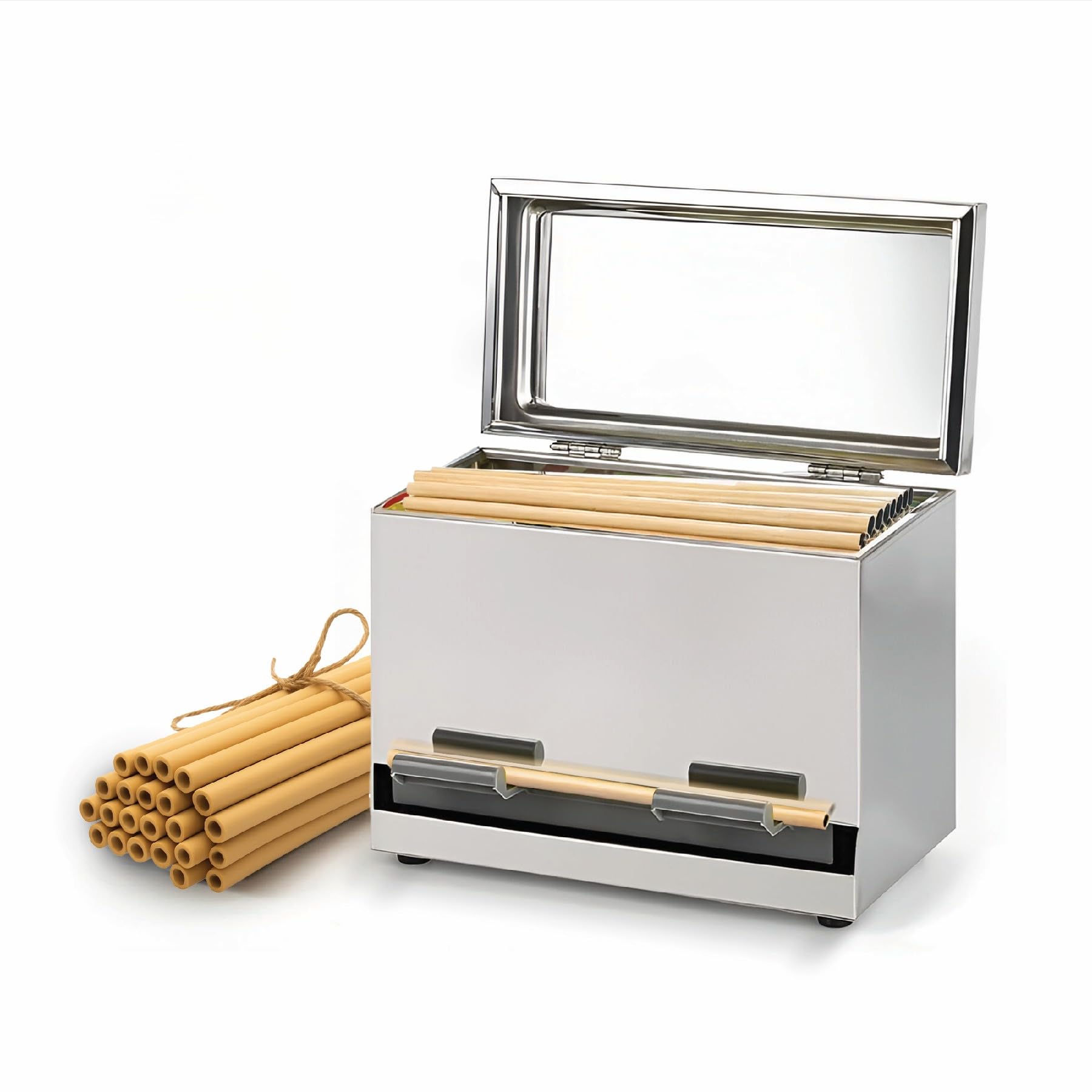 Photo 1 of ***Dented***LuxCollections Stainless Steel Straw Dispenser - Holds Up To 200 Straws - Metal Drinking Straw Holder With Lid - For Commercial Shop Counter or Home Kitchen - Includes 20 Bamboo Straws