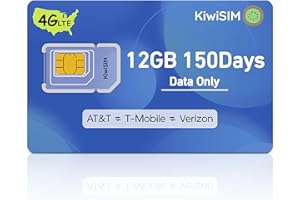 KiwiSIM SIM Card Data Only 12GB 150Days,4G LTE US SIM Card for Unlocked Phone/Router/Security Camera,Support for AT&T,T-Mobile and Verizon,No Contract(Requires Activation)