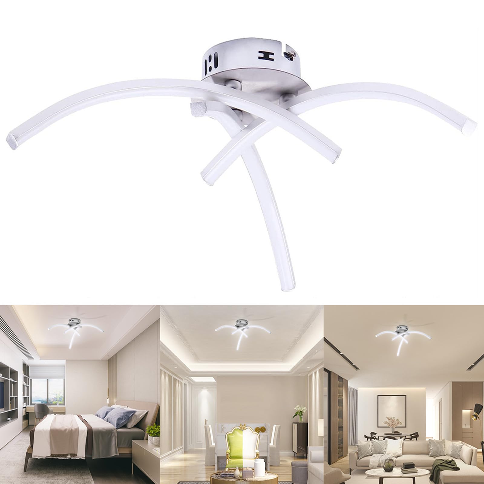 ALLOMN LED Ceiling Light, Chandelier Lamp Modern Curved Design Ceiling Light with 3 Curved Lights for Living Room Bedroom Dining Room 18W (Cold White)