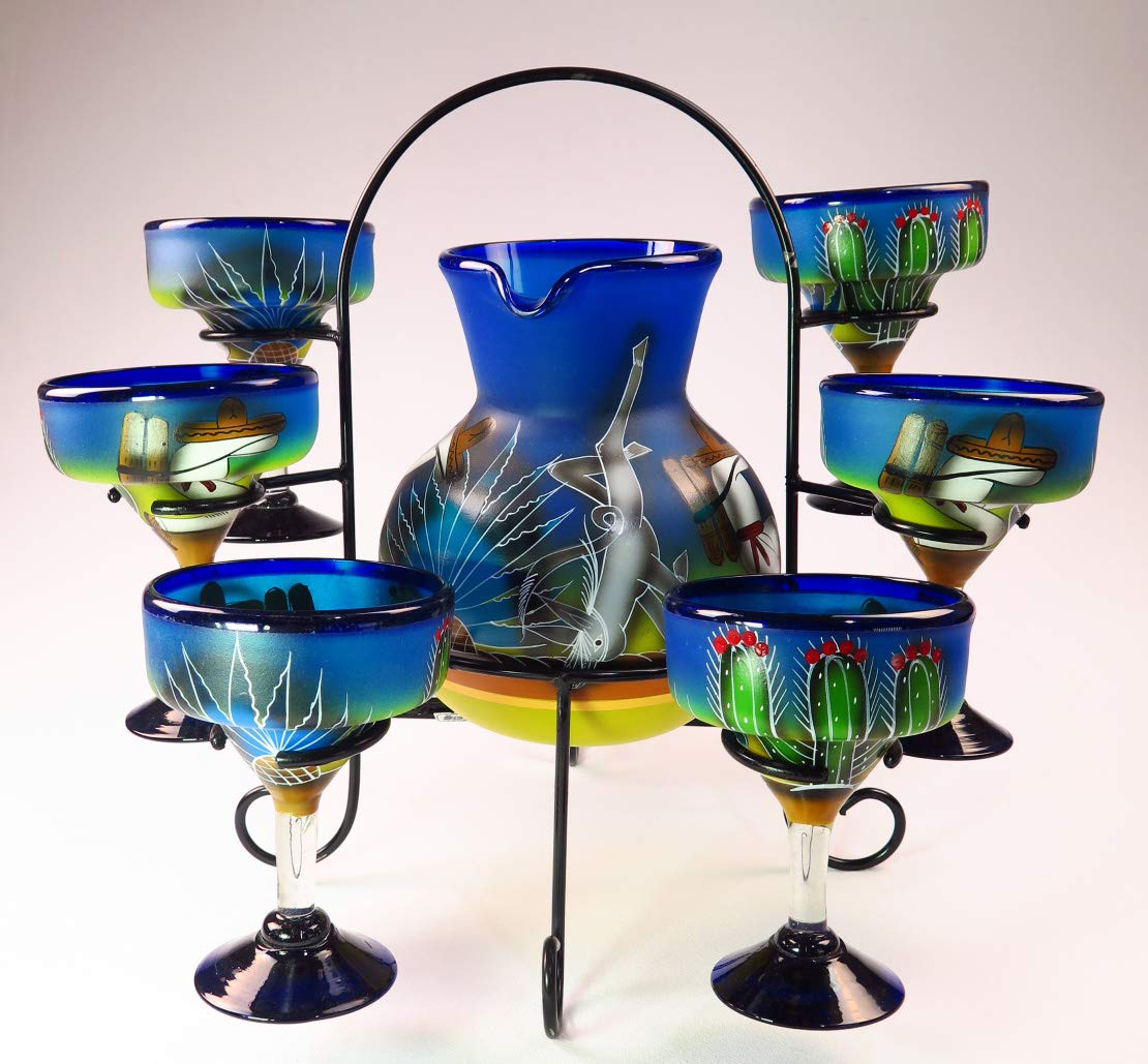 Mexican Margarita Glasses and Pitcher set with display rack, Hand Blown