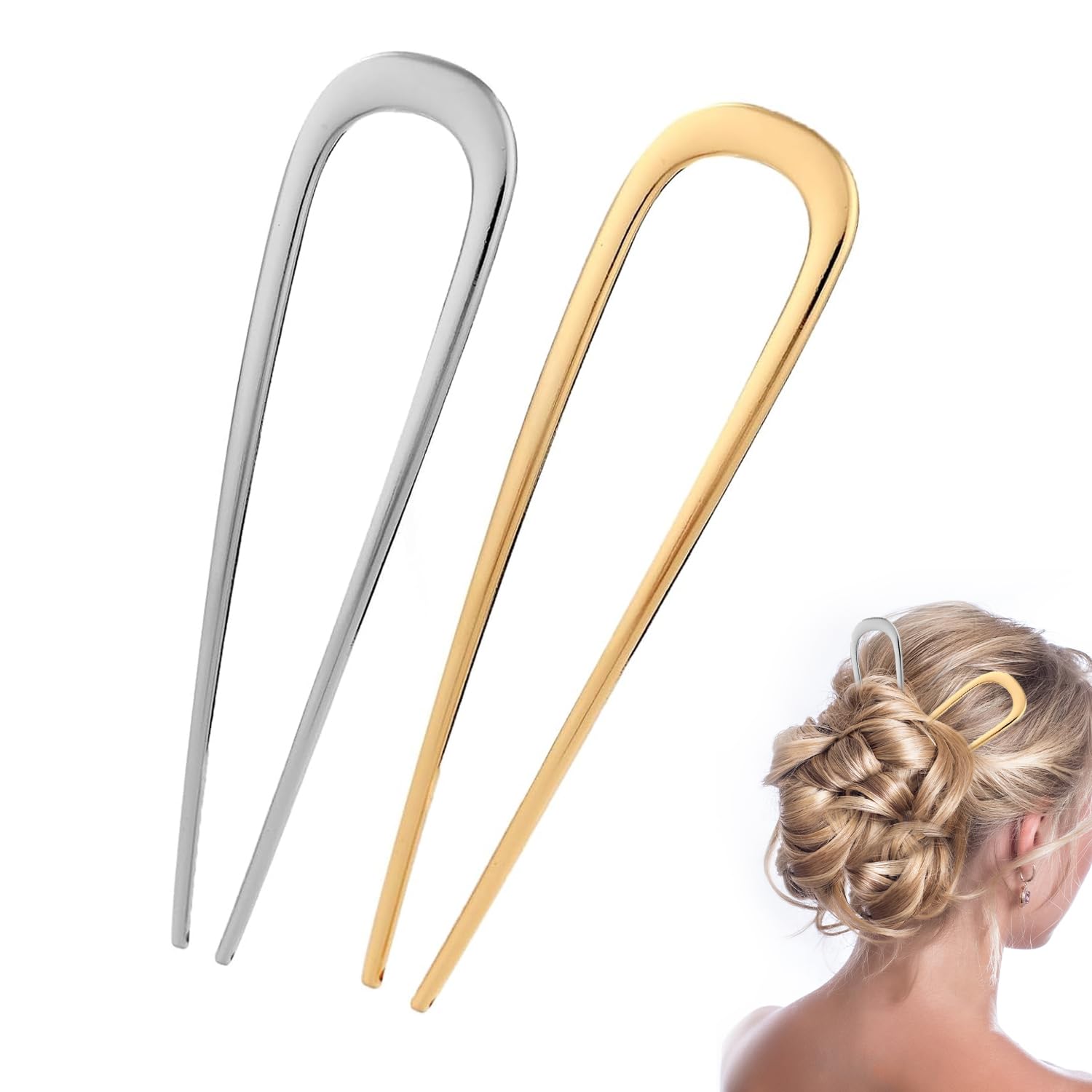 2 Pcs Elegant Metal Hair Pins, U Shape Metal French Bun Hair Pins, Perfect for Any Occasion(Silver & Gold)