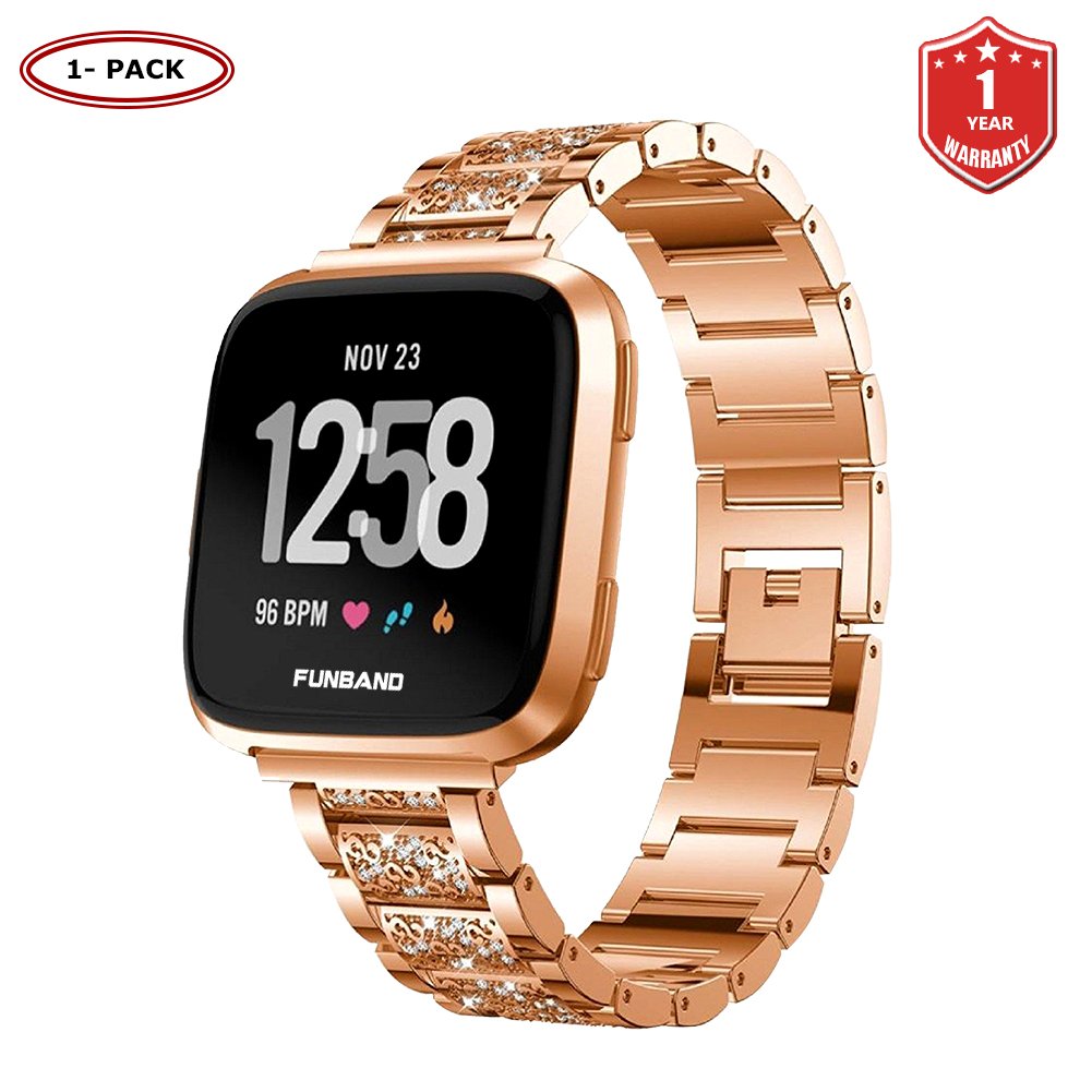 FunBand Strap Compatible with Fitbit Versa Strap Bands, Stainless Steel Bling Replacement Band Accessories Bracelet with Rhinestones Diamond Compatible with Fitbit Versa/Versa 2/Versa Lite Watch Band