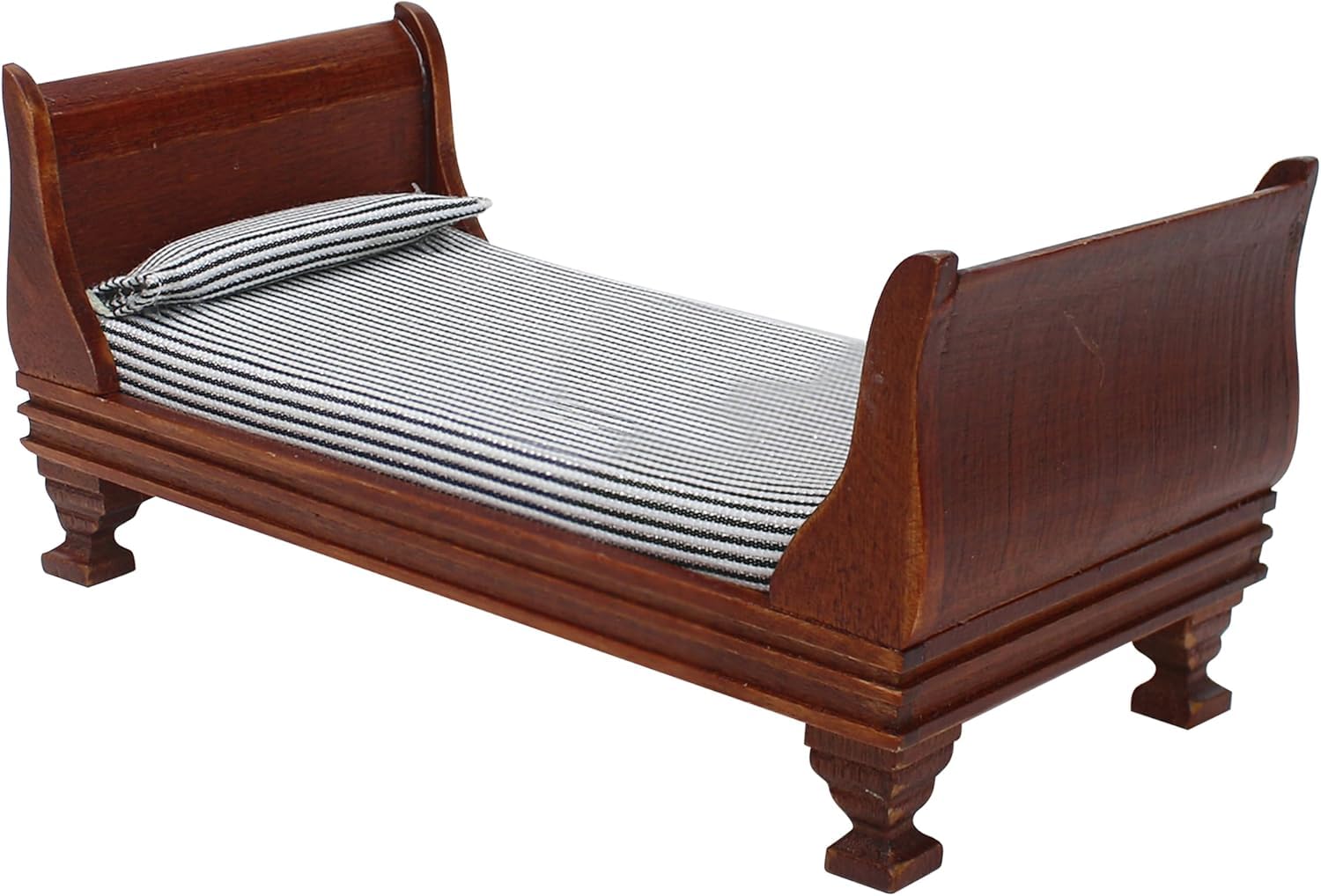 Photo 1 of 1:12 Scale Doll House Miniature Single Bed with Bedding Fabric & Pillow, Wooden Vintage Victorian European Style Bedroom Furniture Decor Christmas Accessories, Mini Sleigh Bed for 6 Inch Dolls