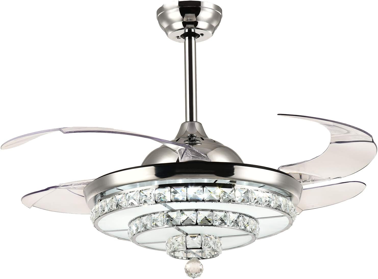 Moooni 42 inch Fandelier Dimmable LED Retractable Ceiling Fan with Light and Remote Invisible Crystal Chandelier Fan Light Kit -Polished Chrome