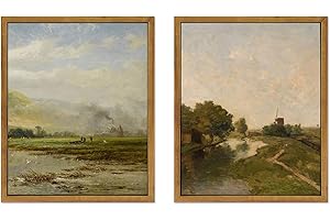 WITCOLOR 2 Pack Framed Canvas Wall Art, 8×10in Vintage Wall Art Decor for Living Room Nature Landscape Countryside Wood Wall Art Prints Scenery Oil Painting for Bedroom Office Home Decoration