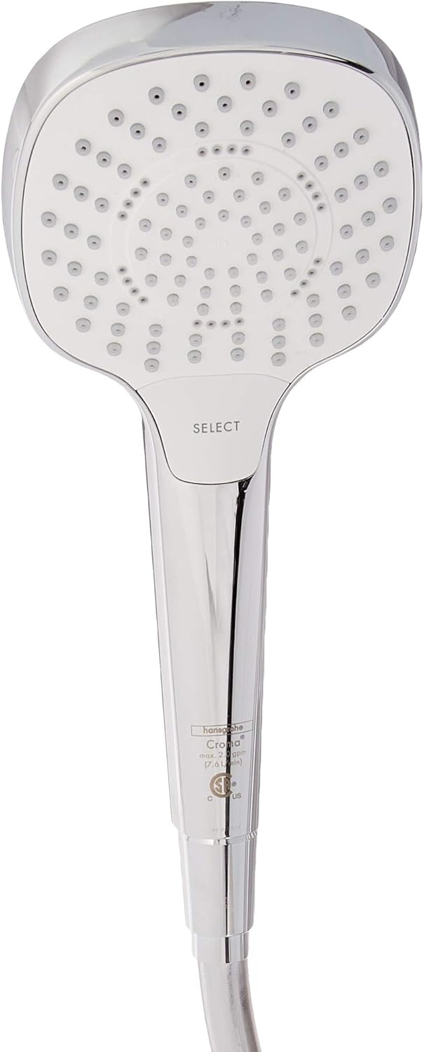 hansgrohe Croma Select E Easy Install 4-inch Handheld Shower Head Set Modern 3 Spray SoftRain, IntenseRain, Pulsating Massage Easy Clean with QuickClean with Hose in Chrome, 2 GPM, 04568000 - - 