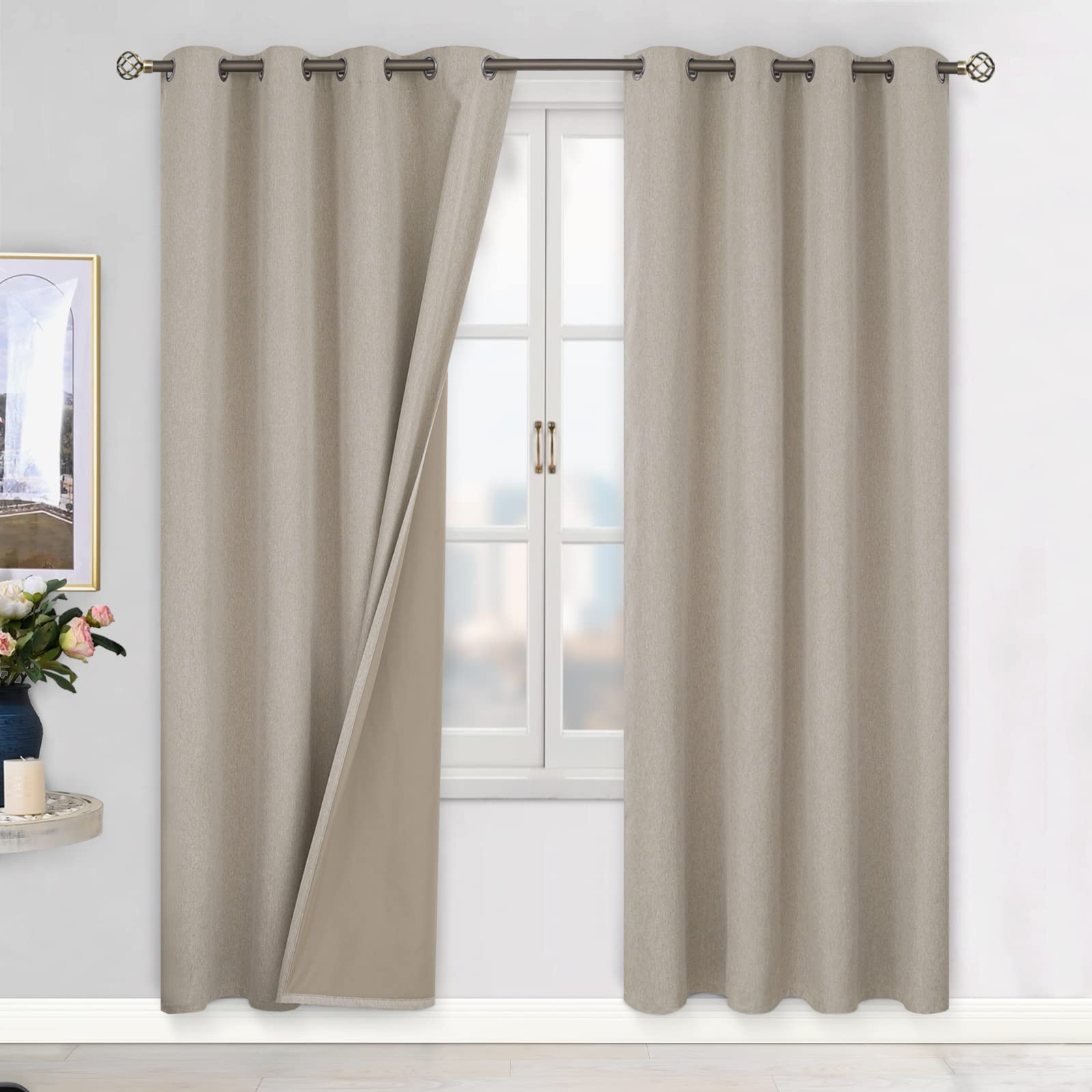 BGment Blackout Curtains with Coated Lining, Thermal Insulated Grommet Curtains for Bedroom and Living Room, 2 Panels, Beige + Khaki Backing, 52W x 84L