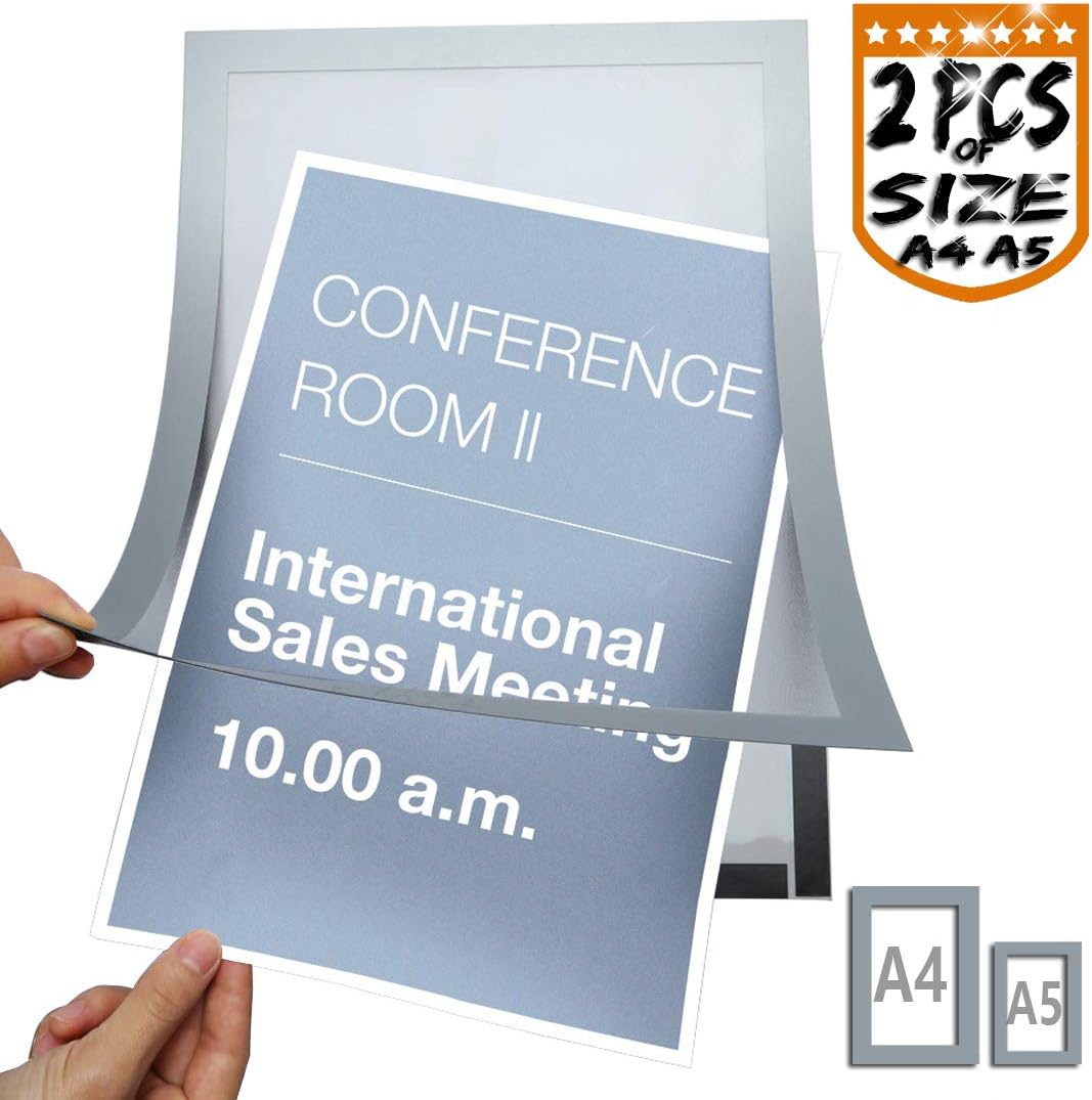 Self-Adhesive Magnetic Display Frame, A4 + A5 Size - Silver Pack of 2