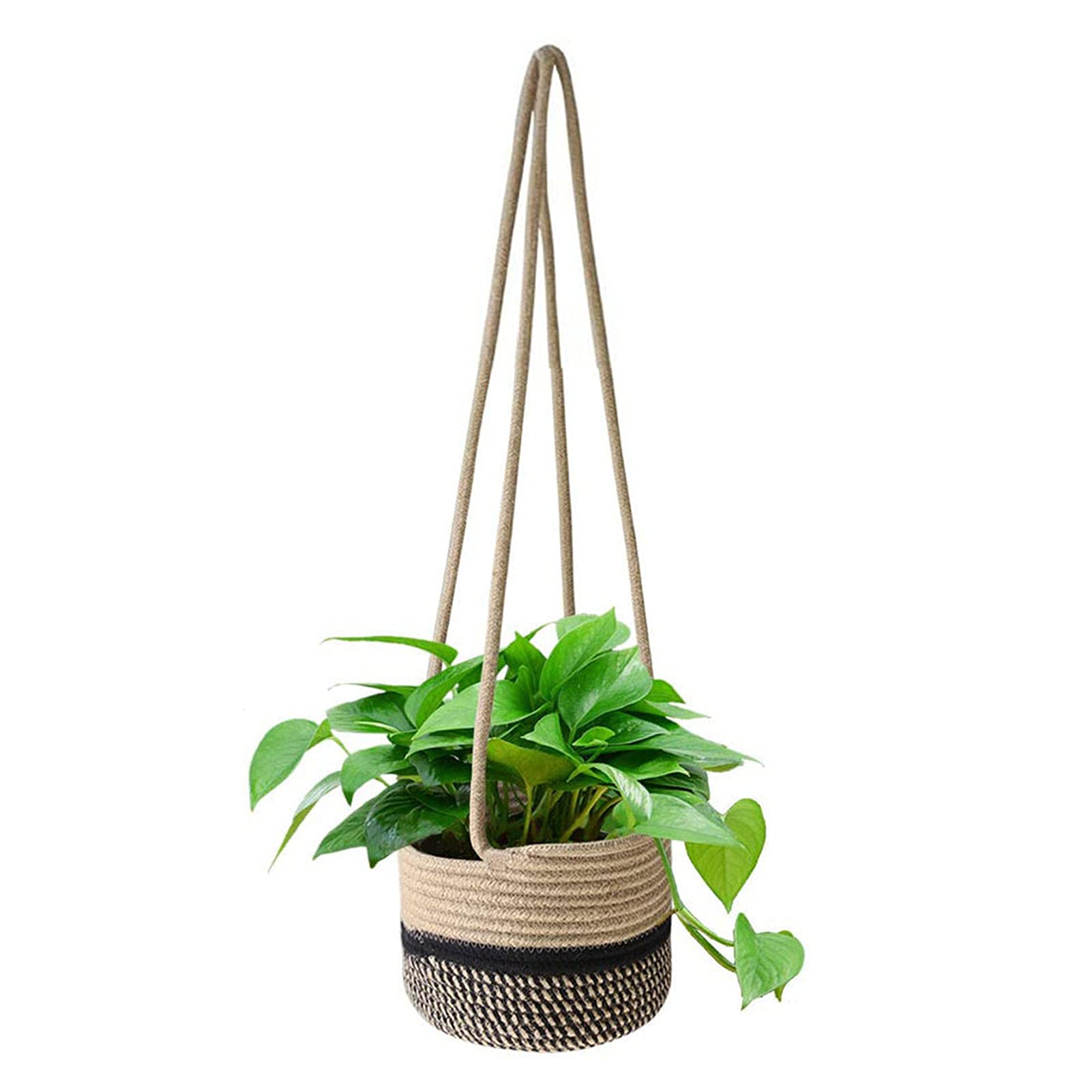 Long Cord Flower Pot, Hanging Rope Plant Pot Planter Basket, Hand Woven Plant Holder Long Cotton Rope Woven Plant Pot for Indoor Outdoor Home Garden Decor (Black+Khaki, 1 PC)