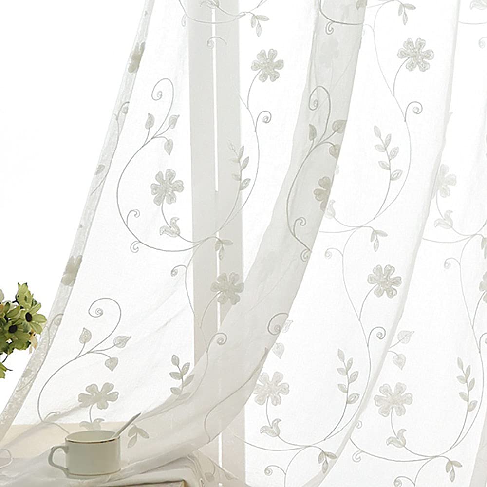 SLOW SOUL Set of 2 Panels White Embroidered Flowers Sheer Curtains for Bedroom Living Dining Room Farmhouse Drapes Curtain with Rod Pocket White 52W X 90 inch Length
