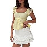 FOMOYUU Women Y2k Square Neck Lace Top Flying Sleeve Ruffle Babydoll Blouse Summer Flared Hem Going Out Crop Tank Top