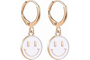 LITTOWN Smiley Face Earrings Huggie Hoop Y2K Preppy Happy Lightning Bolt Heart Star Small Dangle Colorful Gold White Red Pink Yellow Blue Jewelry