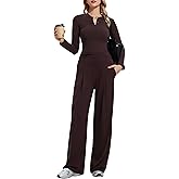 Mudere 2 piece Matching Lounge sets for women long sleeve henley top with high waist wide leg pants Travel Casual Outfits