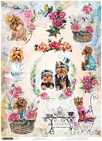 Rice Paper for decoupage. Small Dogs and Roses. Made in Russia (~ 11,1 x 15,11 inches)