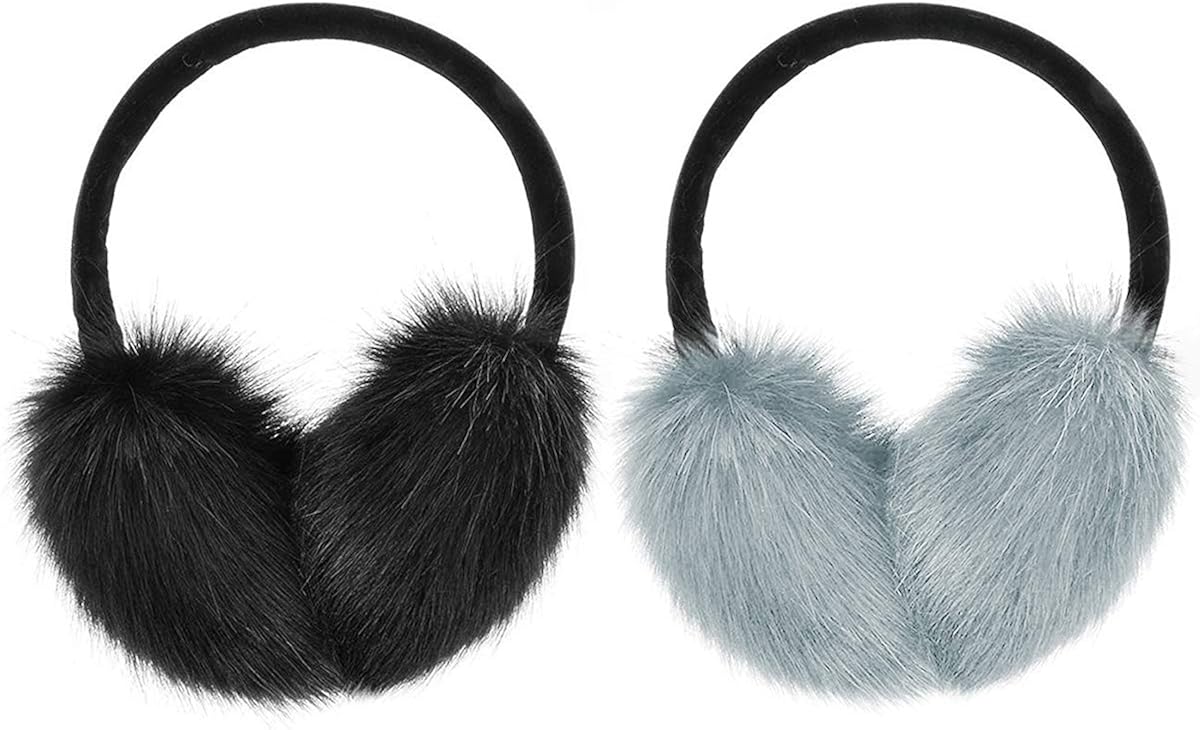MADHOLLY 2 Pack Faux Fur Earmuffs- Big Winter Outdoor Soft Warm Thick Faux Fur Ear Warmers for Womens Men, Black&Grey at  Women’s Clothing store
