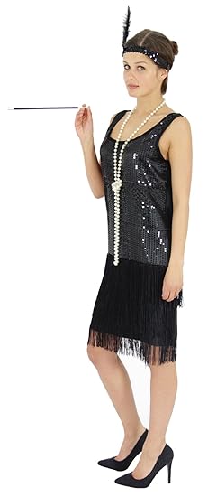 Foxxeo 40204 | 20er Jahre Damen Kleid Charleston Kostüm Mafia 20s Flapper schwarz, Größe:XXL
