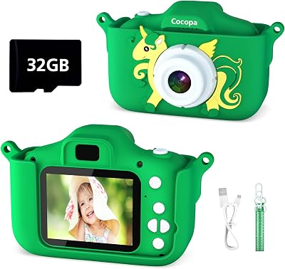 Cocopa Kids Camera 1080P 12MP 32GB 2 Inch IPS Screen Green Gift Toy for 3-12