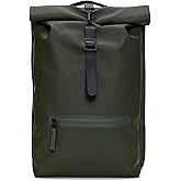 RAINS Rolltop Rucksack Large - Waterproof Rolltop Backpack Water Resistant Commuter Travel Pack Urban Minimalist (Green, Regular)