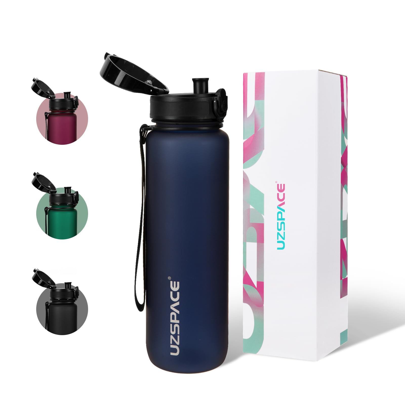 UZSPACE 1 Litre Water Bottle with Strainer - BPA Free Drinking Bottles for Adults - Sports Water Bottle with Capacity Scale - Daily Water Intake Bottle for School or Fitness & Outdoors Dark Blue