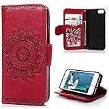 MOLLYCOOCLE iPhone SE & 5 & 5S Case, Stand Wallet Premium PU Leather Skin Cover Magnetic Flip Folio TPU Cushion Bumper Embossed Flower Design for iPhone SE & 5 & 5S & Bling Butterfly Dust Plug,Red