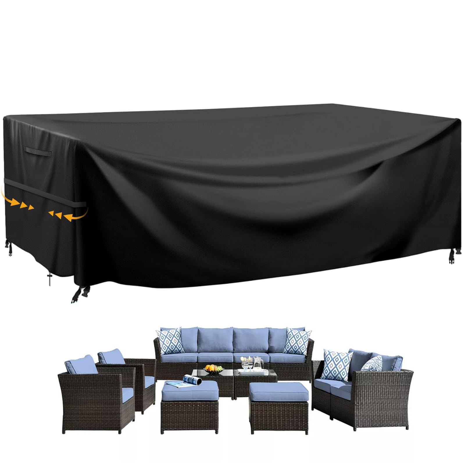 Garden Furniture Covers Waterproof, 250x160x80cm Oxford Fabric Outdoor Sofa Cover Windproof Sunproof with Handle Strap Drawstring Buckle for Garden Sofa, Table and Chair Set (Black, Rectangular)