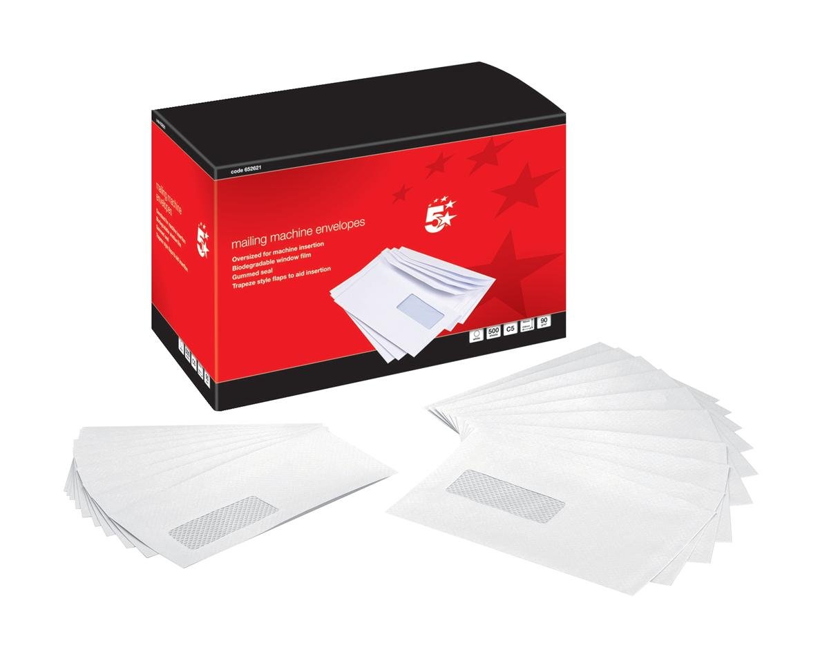 5 Star Mail Machine Envelopes Window Gummed 90gsm C5 White [Pack of 500]