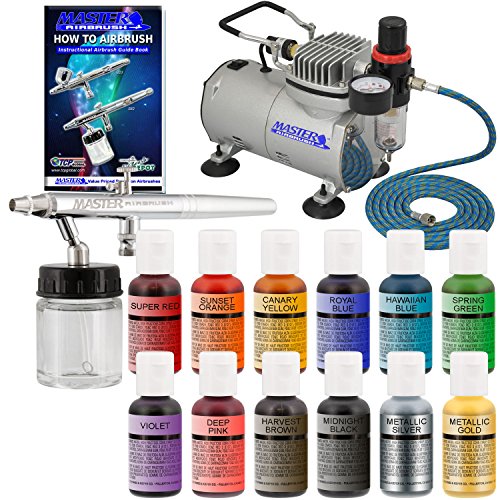 Complete Professional Airbrush Cake Decorating System with a Suction Feed Airbrush, Compressor, Air Hose and a Pack of 12 - .7 fl oz. Chefmaster Food Colors