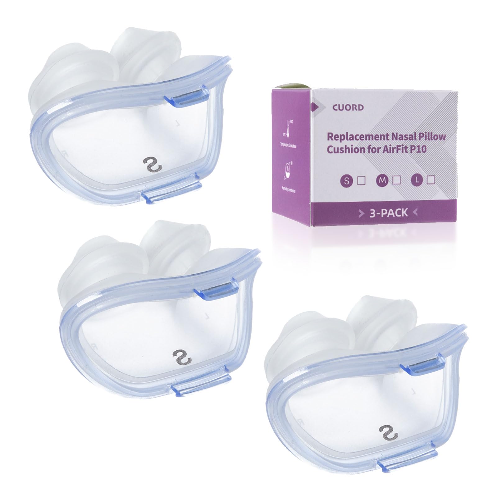 View 1 of 3 Packs Replacement Nasal Pillow Cushion for ResMed AirFit P10, Compatible with Original Airfit P10 Frame, Replacement Silicone CPAP Supplies, Reliable Seal & Lighter Weight, Small