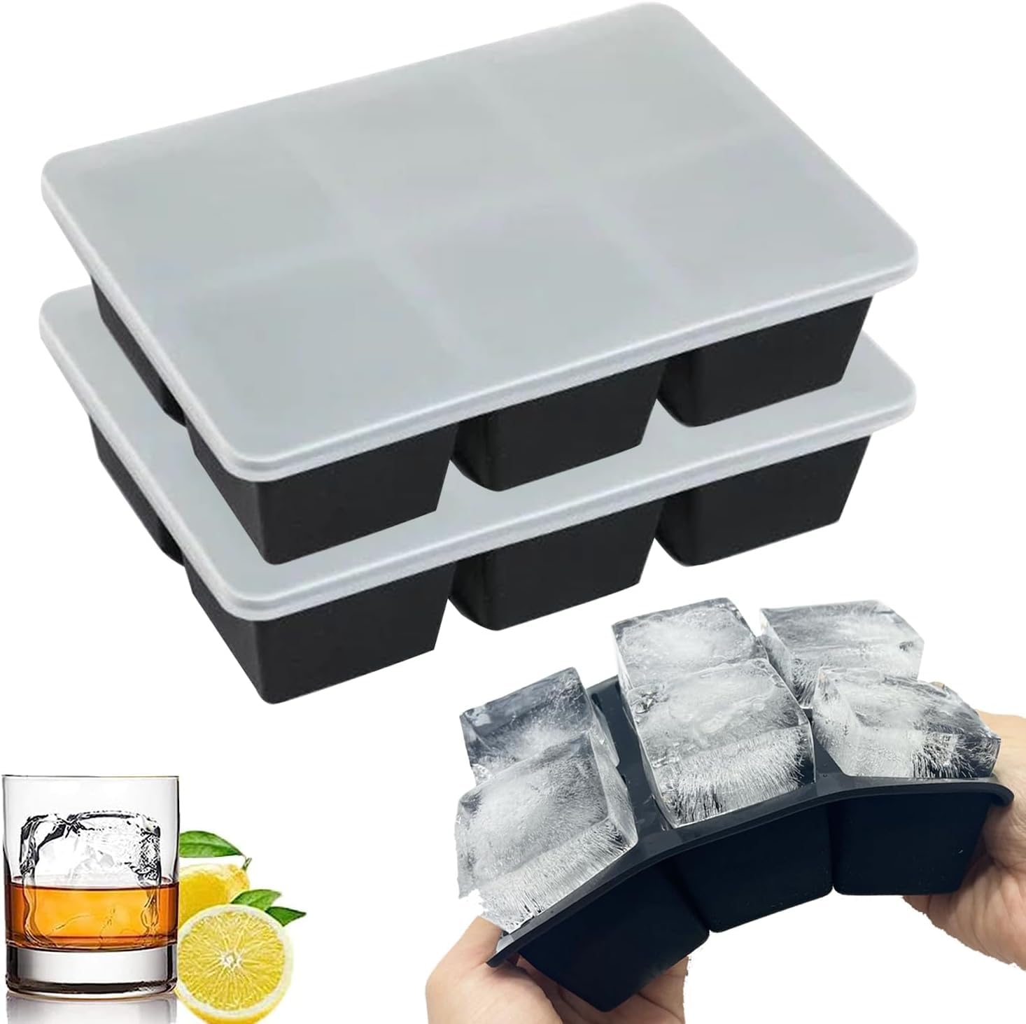 Theuwnee Platinum-Silicone Large Ice Cube Tray, 2 Pcs Ice Moulds with Lid, Easy-Release, Odourless, Stackable and Dishwasher Safe, for Beer, Whisky, Cocktail and Baby Snack Included, BPA Free
