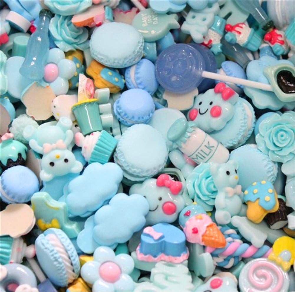 Random 30pcs Cute Candy Resin Charms Beads Fruit Dessert Ice Cream Plastic Slices Flatback Buttons for Handcraft Accessories Scrapbooking Phone Case Decor(Baby Blue)