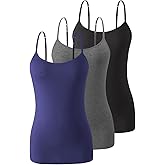 Air Curvey 3 Pack Camisole Tops for Women Built in Bra Adjustable Strap Soft Cotton Undershirt Tanks Seamless Layering Tops