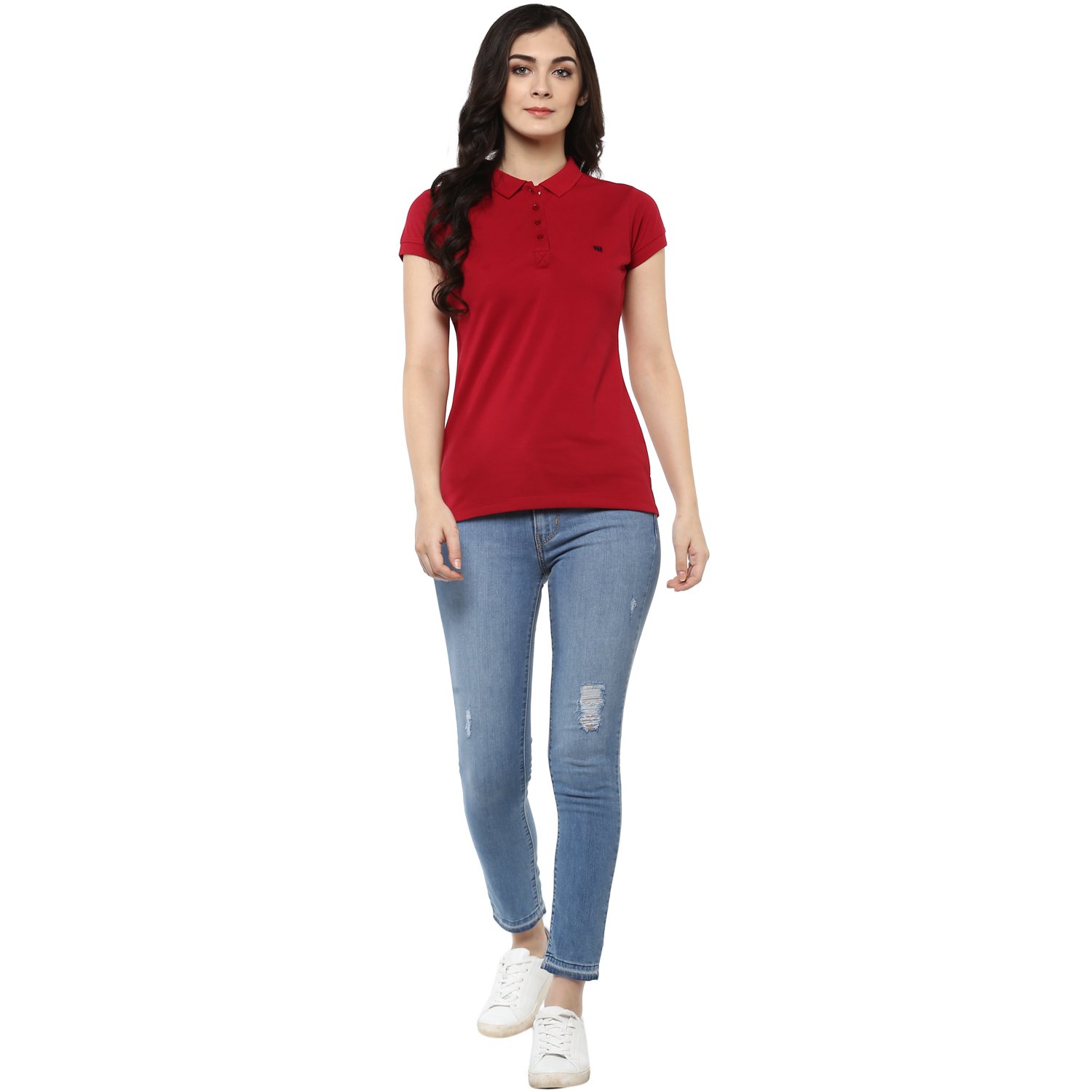 modeve women's solid polo t-shirt (cherry)