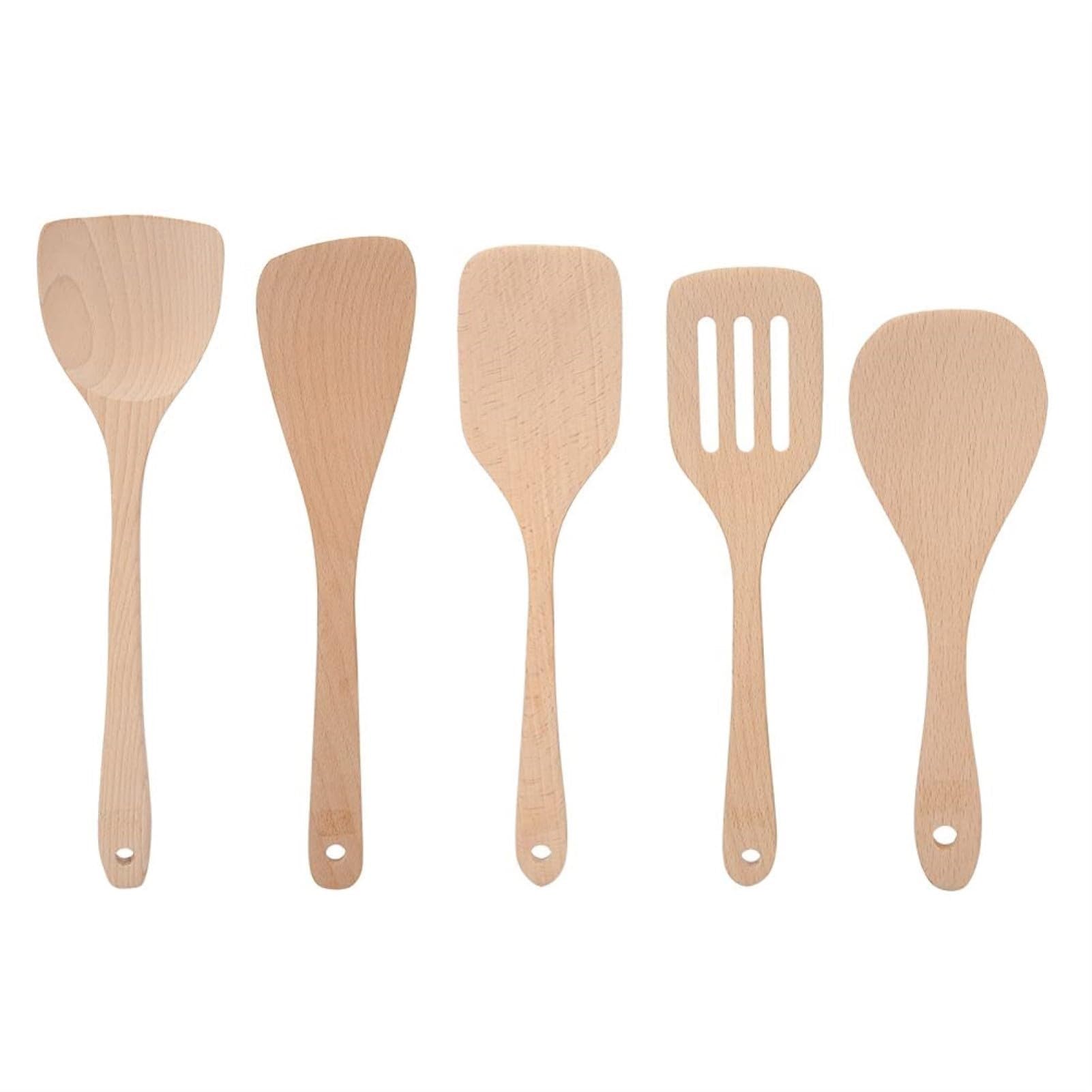 MOUMOUTEN Wooden Spoon Set, 5Pcs Nonstick Wooden Spatula Spoon Set, Wooden Utensils for Cooking, Mixing Spatula Pot Spoon with Long Handle for Cooking