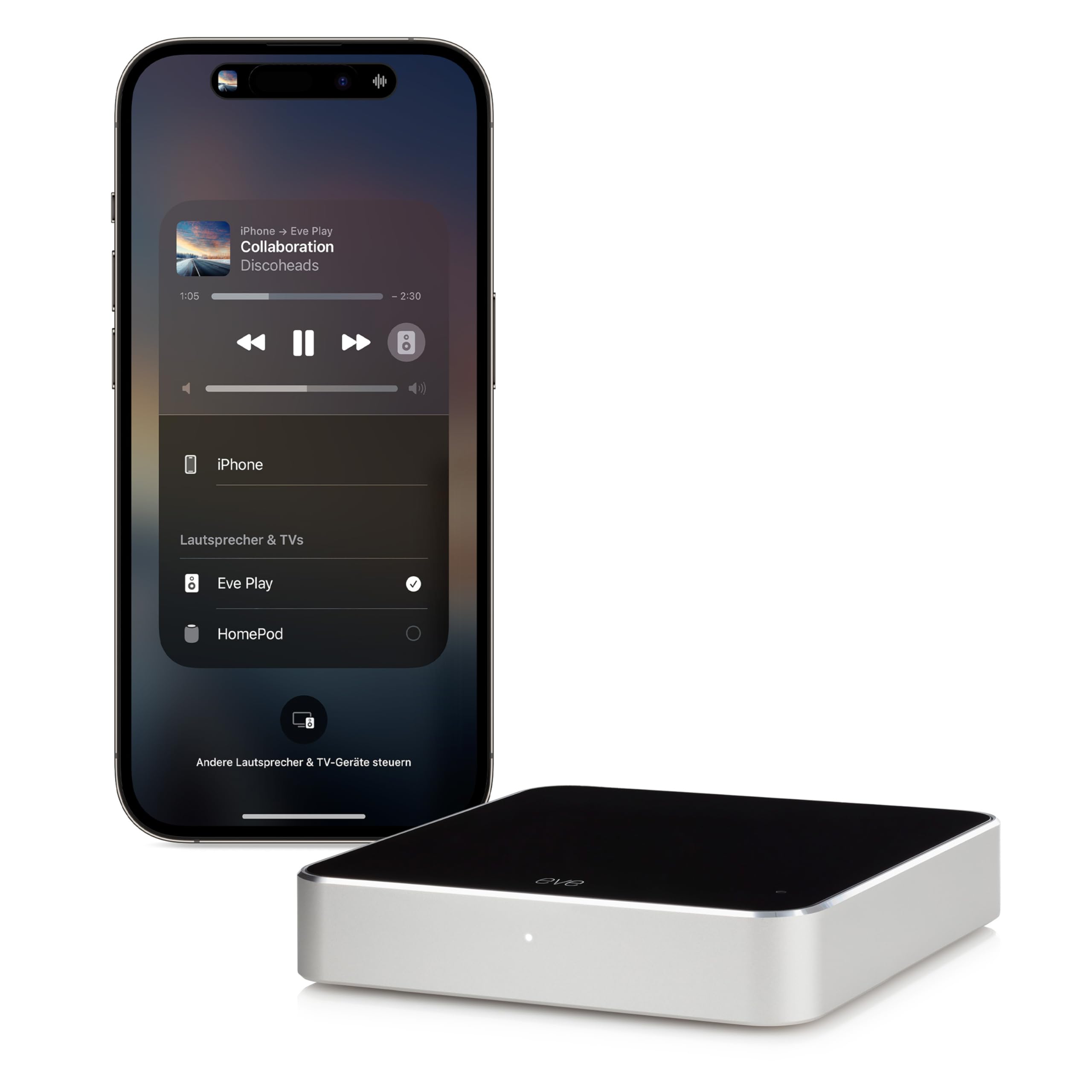 Eve Play (Apple Home) – Audiostreaming Adapter für AirPlay, Automatischer Latenzausgleich, Leistungsstarker Digital-Analog-Wandler, DREI Audioausgänge, Ethernet und WiFi