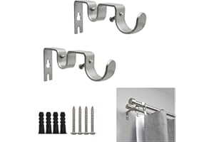Shonmogar Double Curtain Rod Bracket 2 Pack Metal Curtain Rod Holders for Wall Sturdy Curtain Bracket for 1 Inch Curtain Rod Silver Wall Mounted Curtain Rod Hooks for Bedroom Living Room Patio
