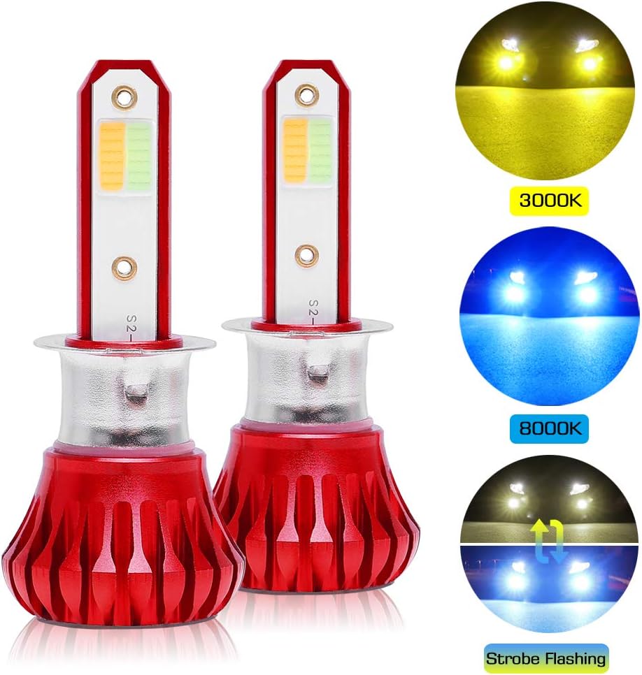 H3 LED Fog Light Bulbs, COB Chips 8000LM Super Bright Dual Color 3 Model All-in-one Conversion Kit Replacement for Car DRL or Fog Lamp, 8000K Iced Blue, 3000K Yellow Amber, Flicker Flash 2Pack