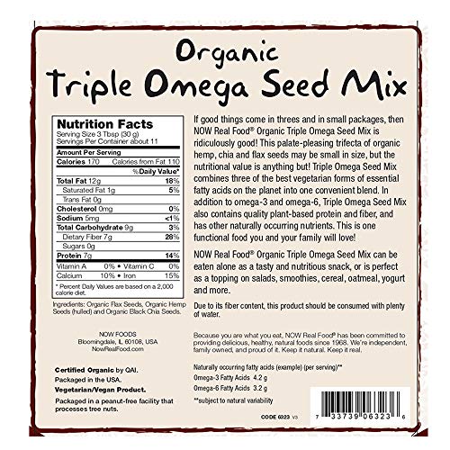 NOW Foods, Organic Triple Omega Seed Mix, Raw Hemp Seed Hearts, Chia and Flax, Omega3 and 6