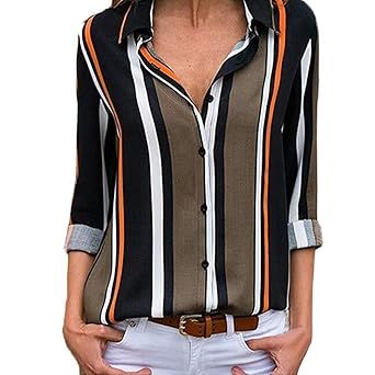 Felicove Damen Beiläufig Bluse, Gestreiftes Bluse Sweatshirts Lange Ärmel Sommerhemd V-Ausschnitt Tops Frühling Hemd Button U