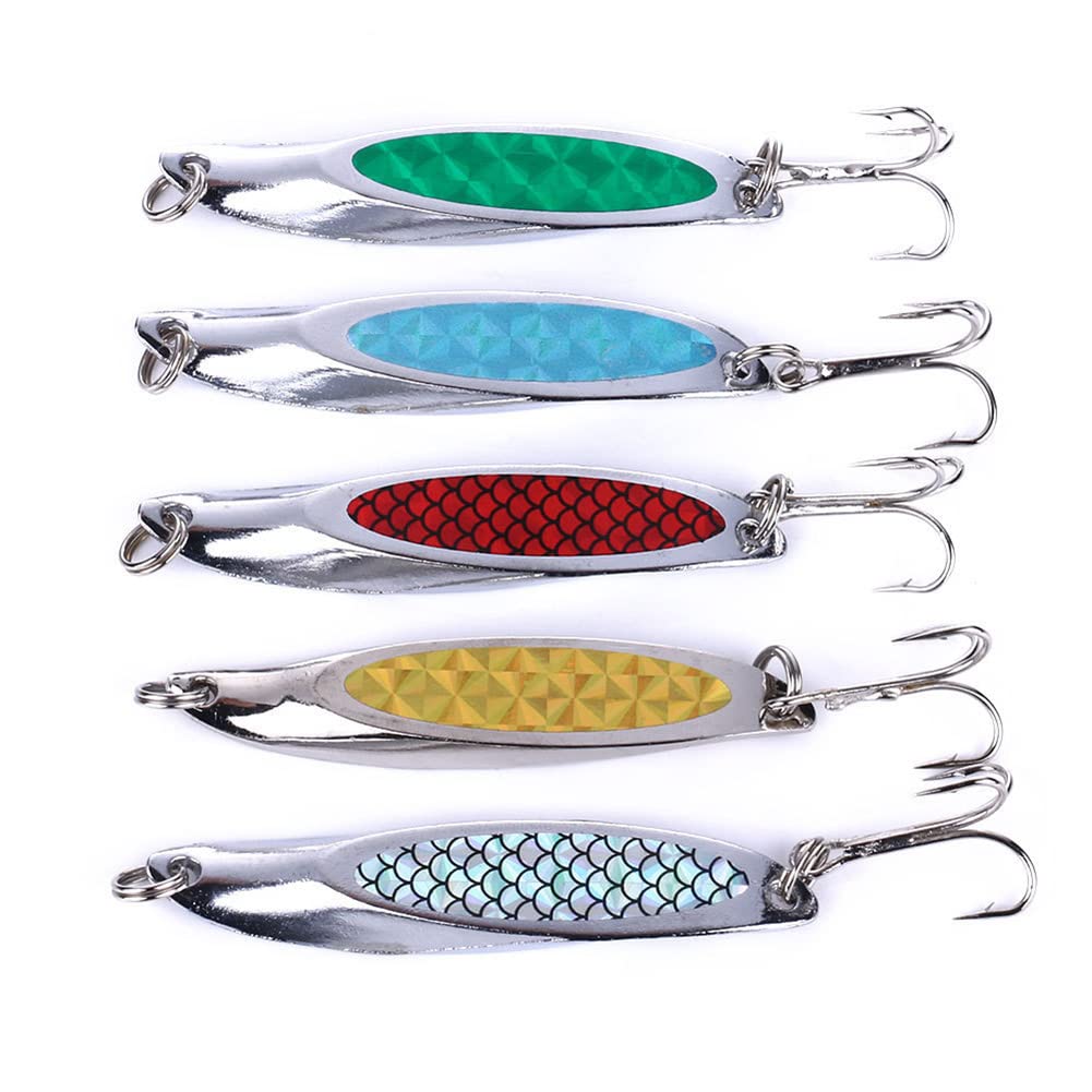 CENPEK 5pcs Wedge Fishing Sea Trout Lures Metal Slice Spoon Treble Hooks Mackerel sequins spinner Hard Baits Casting Blade Tackle