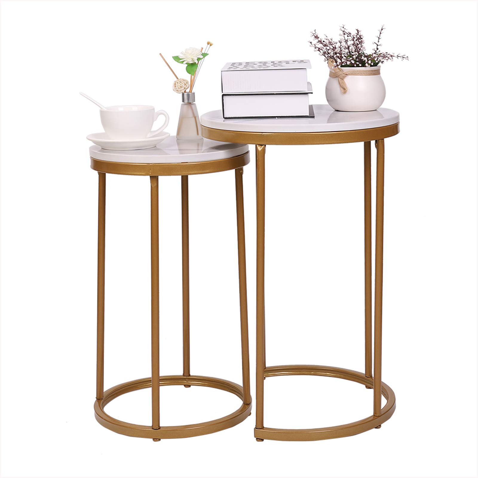 WisforNesting Side Table Set of 2 Gold Marble Nesting Accent Table Set with Sintered Stone Desktop for Living Room