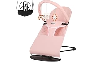 iGRATENS Baby Bouncer - Portable Baby Bouncer, 3 Adjustable Multi Position Baby Bouncer Seat, Baby Rocker Chair, 100% Cotton Fabric Seat, Infant Bouncer with Hanging Toys Bar, Pink