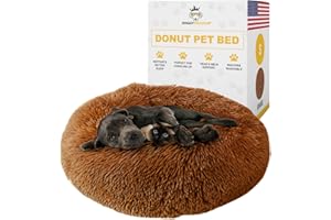 Doggykingdom Calming Round Donut Dog Bed Pillow, Washable, Anti Anxiety, Anti-Slip, Cozy Soft Cuddler Comfort Bed with Fluffy Plush Faux Fur for Large Medium Small Sized Dog - Khaki, S 28 inch