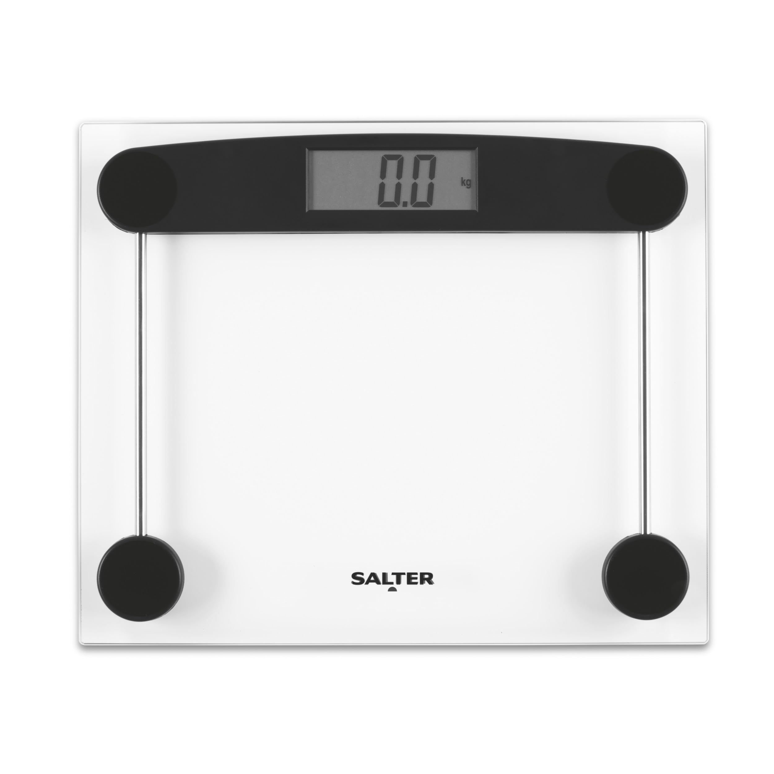 Salter Clear Glass Bathroom Scale – Electronic Digital Bodyweight Scale, 180kg/28st 8lb, Fitness, LCD Display, Step on Instant Reading, Compact, Transparent Design, Includes Carpet Feet & Battery
