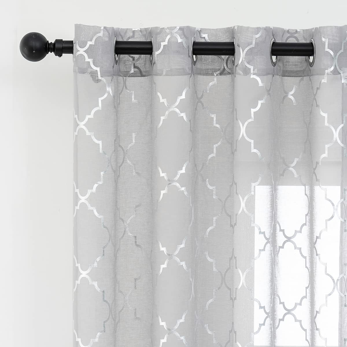 Kotile Silver Sheer Curtains 95 Inches Long 2 Panels Metallic Moroccan Ogee Pattern Silver Grey Sheer Curtains for Living Room, Grommet Light Filtering Privacy Sheer Window Curtains, W52 x L95 Inch