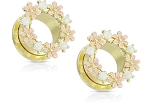 Gold PVD Plated Stainless Steel Synthetic Opal and Pink Enamel Flowers Screw Fit Tunnel Plug Gauges, Sold as a Pair