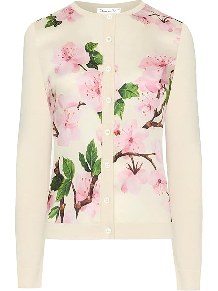 Oscar de la Renta Cherry Blossom Silk Inset Cardigan