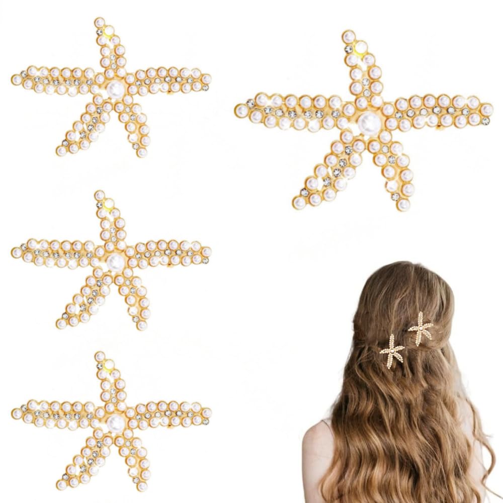 Loekrdos 4Pcs Starfish Hair Clips Starfish Pearl Hair Barrettes Mermaid Hair Accessories for for Girls Kids Hair Styling Supplies